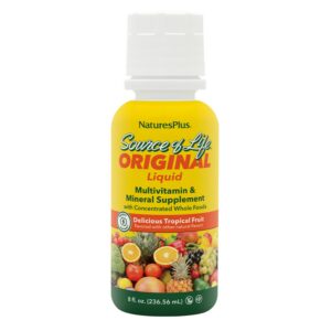 Botella de líquido multivitamínico Natures Plus sabor fruta tropical