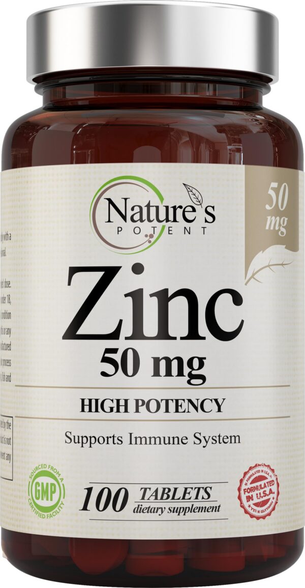 Frente del frasco Nature’s Potent Zinc 50 mg