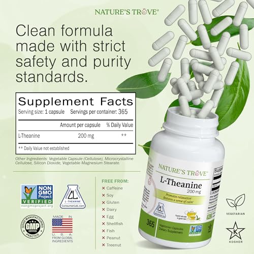 Etiqueta Nature's Trove L-Theanine 200 mg cápsulas