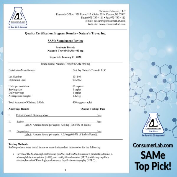 Etiqueta de SAM-e 400mg Nature's Trove