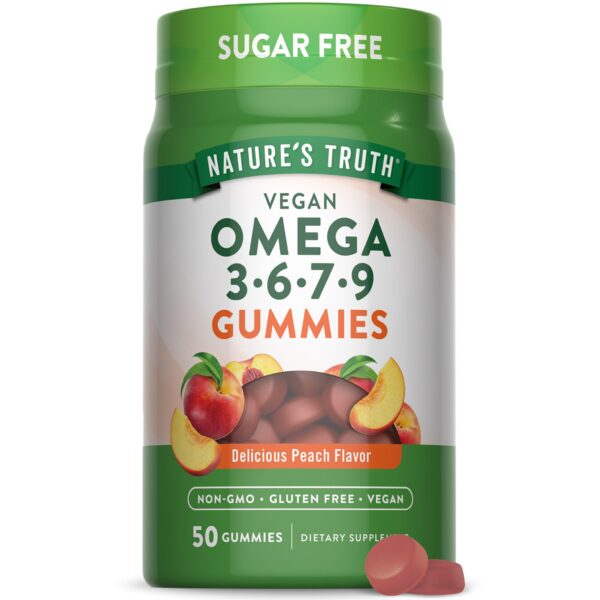 Nature's Truth gomitas veganas omega-3-6-7-9 durazno frasco frontal