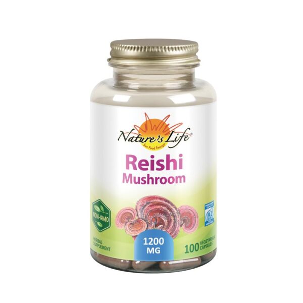 Frasco de Nature's Life Reishi 1200 mg 100 cápsulas vegetarianas