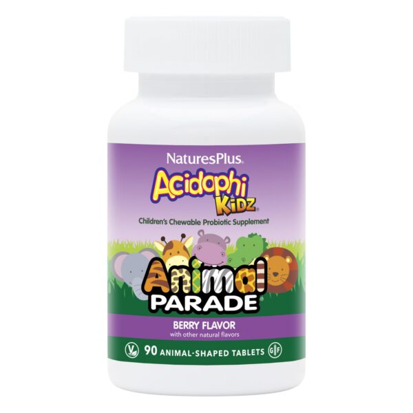 Version 1.0.0 NaturesPlus Animal Parade AcidophiKidz tableta masticable sabor baya