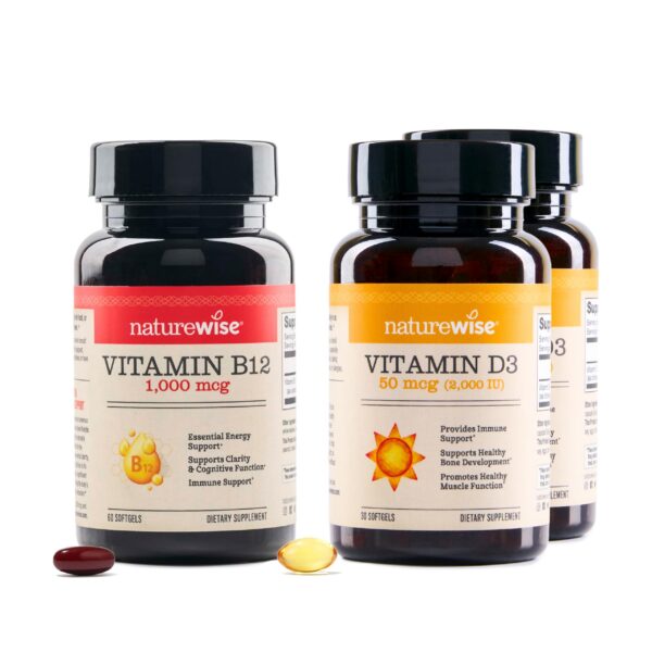 Frasco frontal de NatureWise B12 y D3 softgels