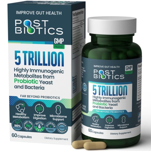 Frasco de cápsulas de postbióticos NAVEH PHARMA para salud intestinal