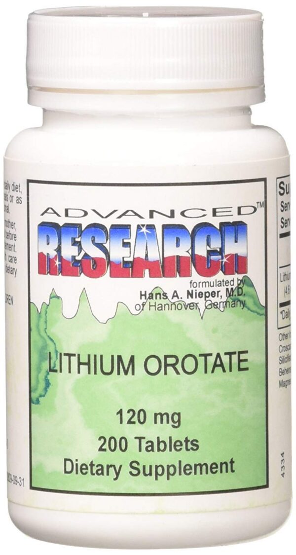 Frente del envase Lithium Orotate 120 mg 200 tabletas