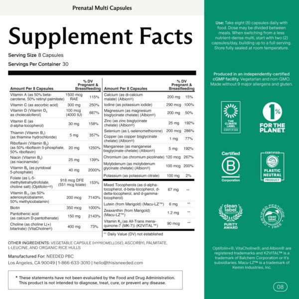 Etiqueta frontal y lateral de Needed Prenatal