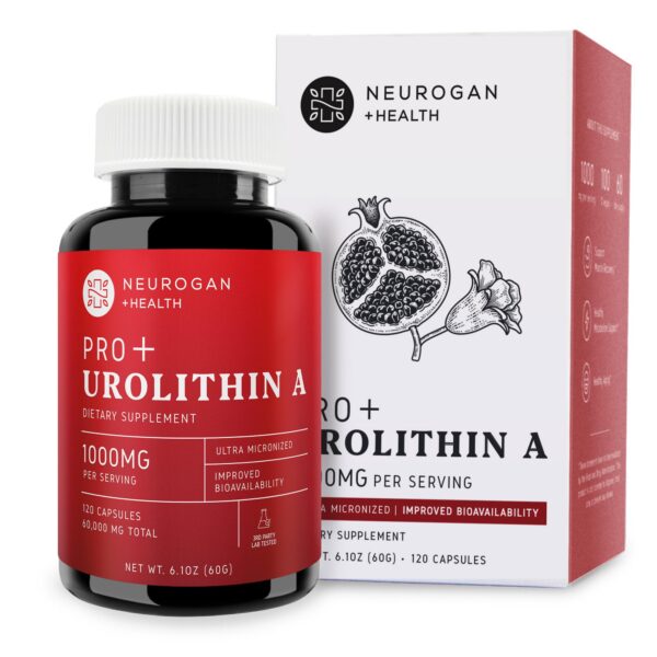 Frasco de cápsulas Neurogan Urolitina A 1000mg para salud celular