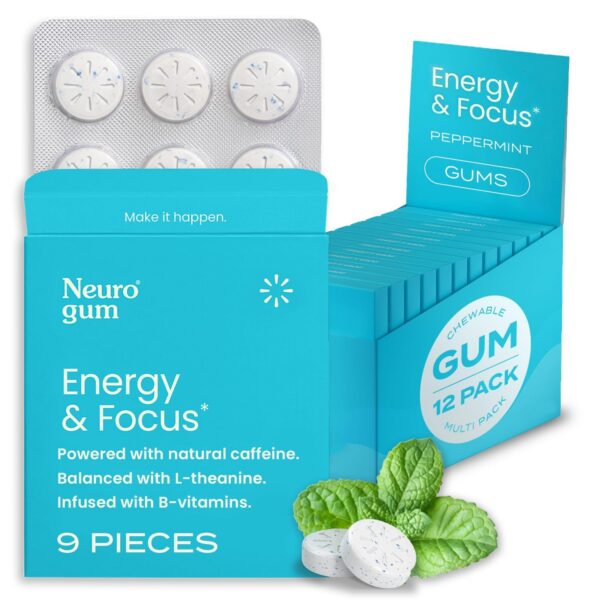Version 1.0.0 NeuroGum Energy chicle con cafeína sin azúcar sabor menta paquete