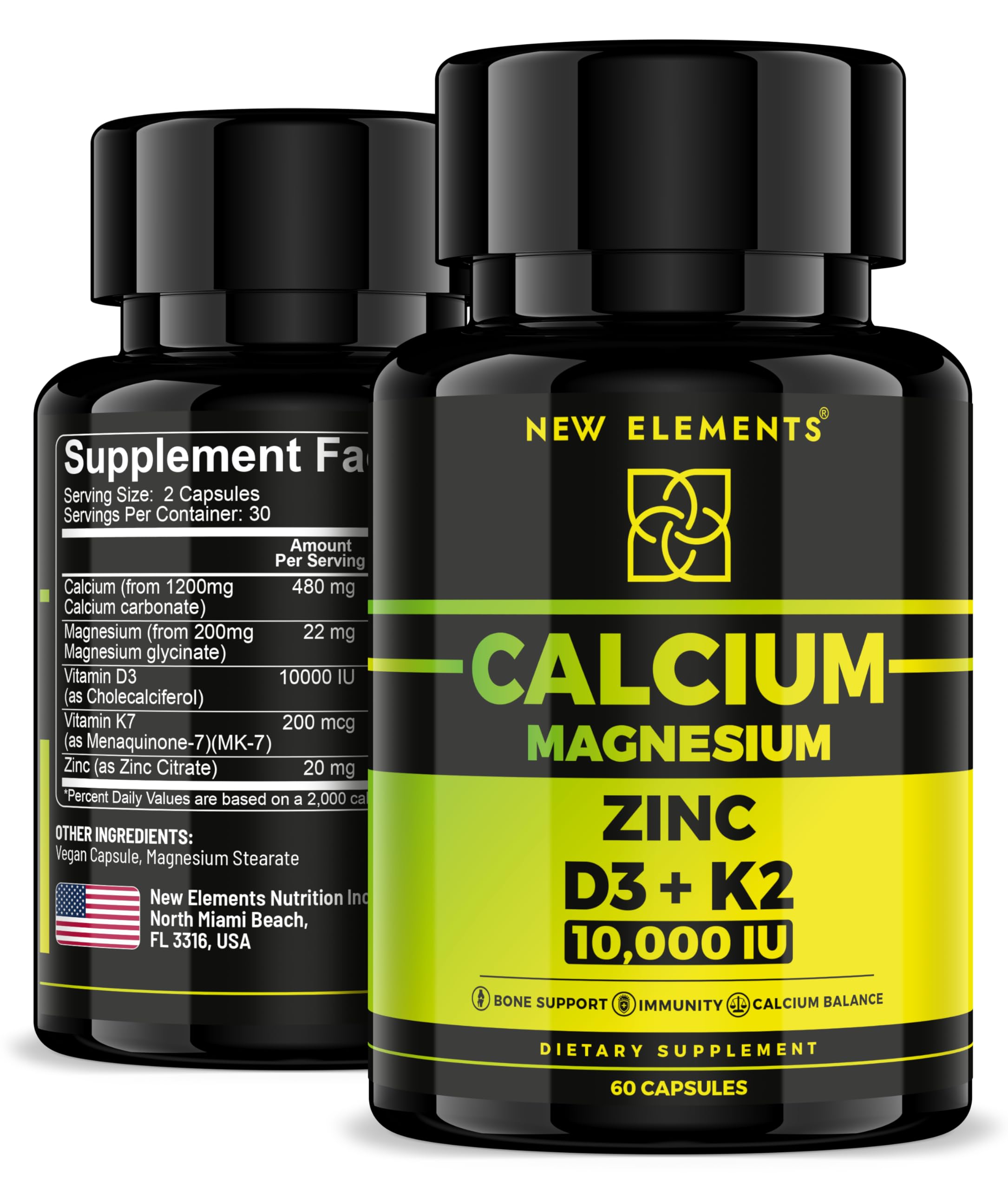 New Elements Calcium 1200 mg with D3, K2, and Magnesium Glycinate