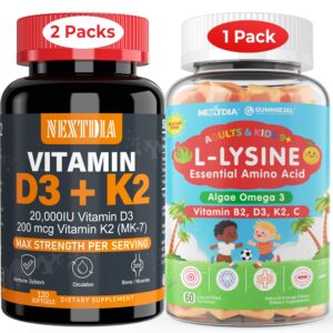 Frente de Nextdia D3 K2 softgel y gomitas lisina