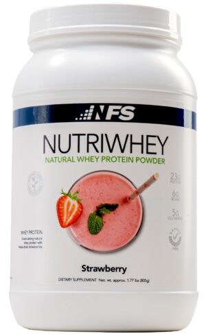 NF Sports Nutri Whey Post Workout frente al envase Alpine Strawberry