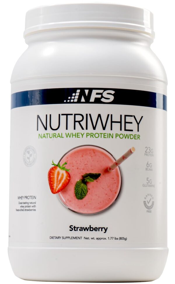 NF Sports Nutri Whey Post Workout frente al envase Alpine Strawberry