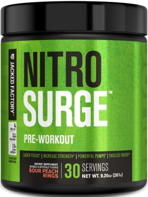 Suplemento pre-entrenamiento Nitrosurge Jacked Factory sabor aros durazno ácido