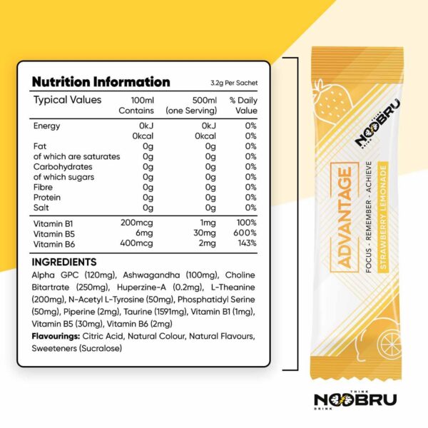 Parte posterior del sachet Noobru Advantage Nootropics