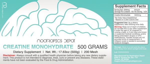 Frasco de 500 g de creatina monohidratada 200 mallas