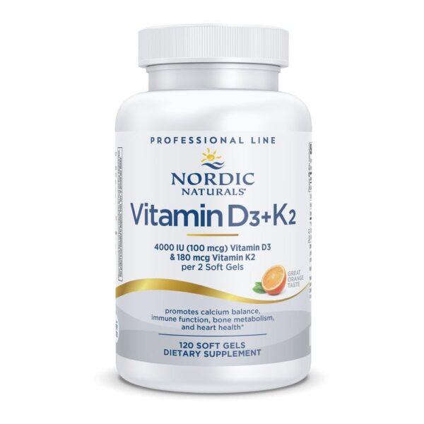 Frente de la botella Nordic Naturals D3+K2 sabor naranja
