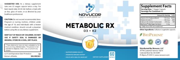 Etiqueta frontal de Novucor Health Rx D3 + K2 Metabolic Series
