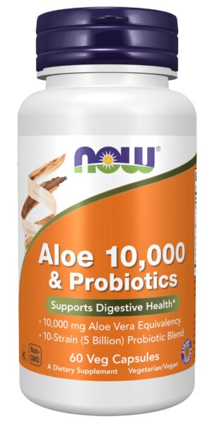 NOW Foods Aloe 10,000 y probióticos 60 cápsulas veganas
