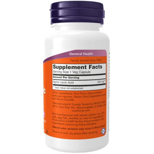 NOW Foods Alpha Lipoic Acid 250 mg etiqueta lateral