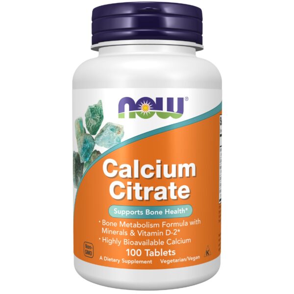 Envase frontal de NOW Foods Calcium Citrate 100 tabletas
