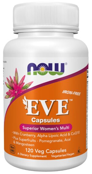 Frasco de NOW Foods Eve multivitamin con etiqueta
