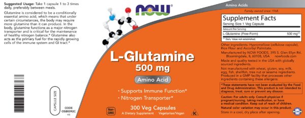 Frasco y etiqueta de L-Glutamina 500 mg NOW Foods