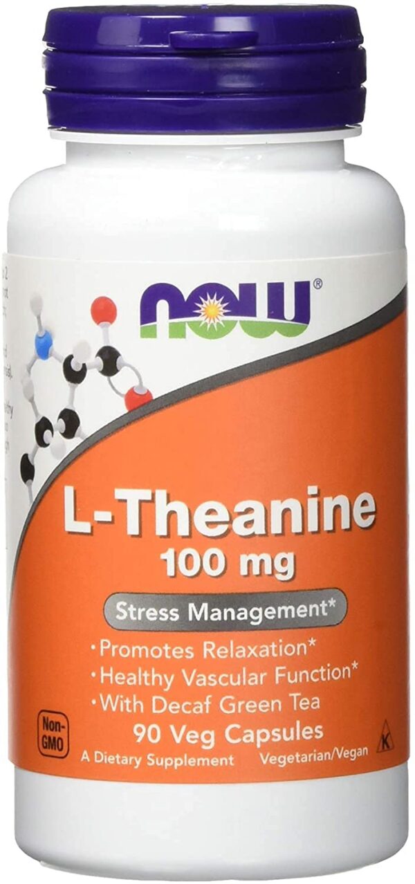 Frasco de Now Foods L-Theanine 100 mg