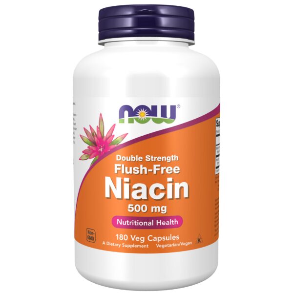 NOW Foods suplemento niacina 500 mg paquete frontal 180 cápsulas veganas