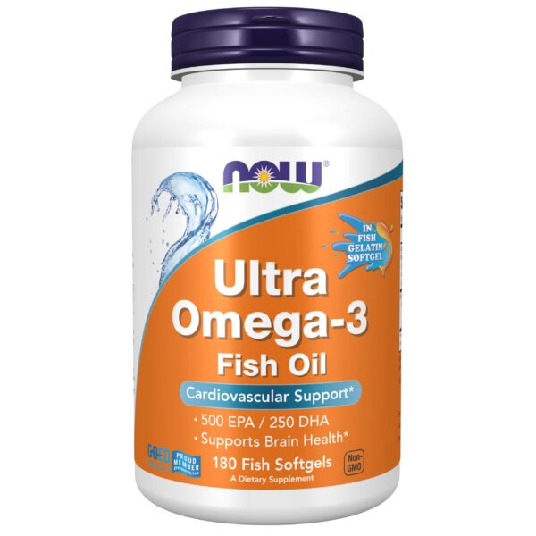 Frasco NOW Foods Omega-3 Ultra con etiqueta frontal
