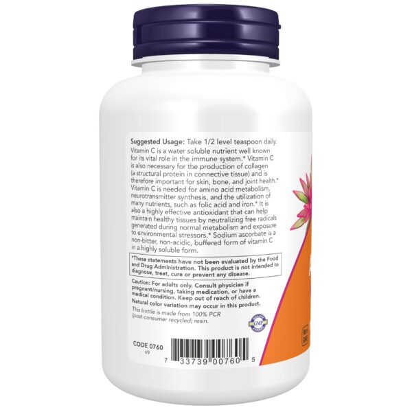 Etiqueta lateral de NOW Sodium Ascorbate Powder