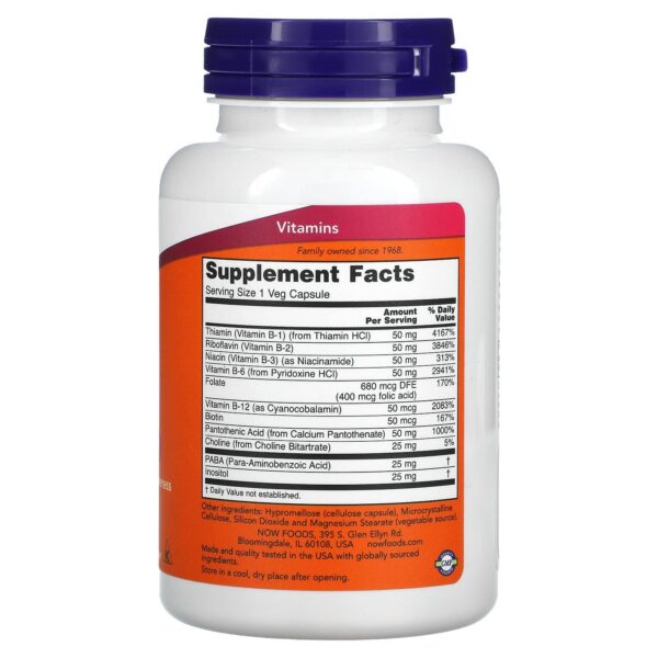 Etiqueta trasera NOW Vitamina B-50 mg cápsulas vegetales