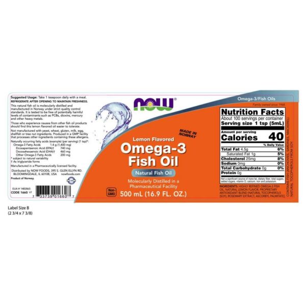 Detalle de etiqueta Omega-3 Limón NOW