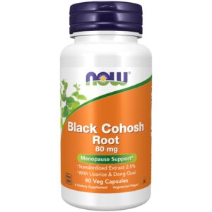 Botella de NOW Suplementos raíz de cohosh negro con regaliz y dong quai
