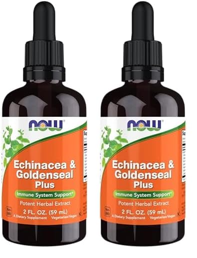 Botellas de NOW Supplements Equinácea y Goldenseal con gotero