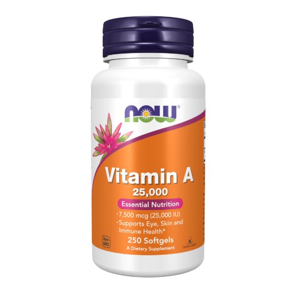NOW Vitamina A 25000 UI aceite hígado pescado 250 cápsulas contador