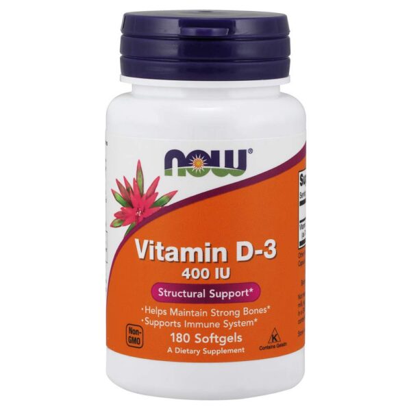 NOW Vitamina D3 400UI frasco 180 cápsulas blandas paquete 3