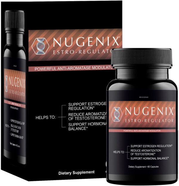 Nugenix Estro-Regulator suplemento DIM para hombres caja y botella