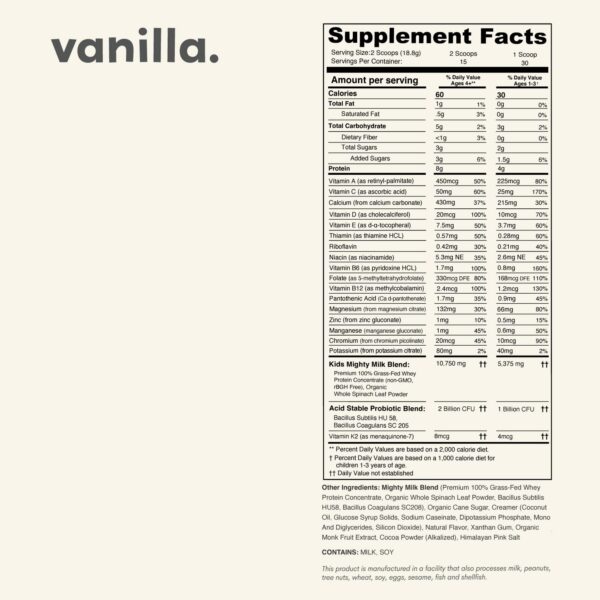 Etiqueta frontal Nurished Mighty Milk Vainilla Niños