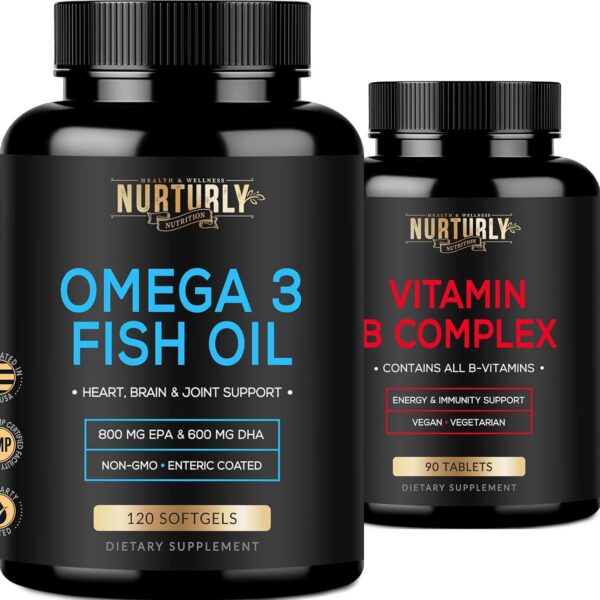 Frente del envase NURTURLY Complejo B y Omega-3