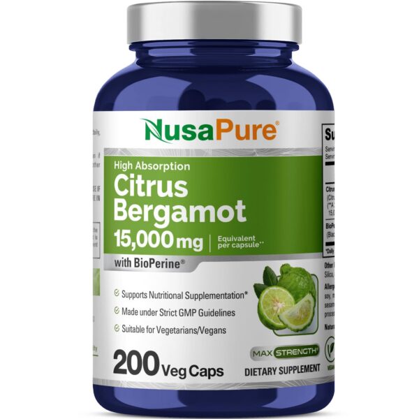 Frasco de Bergamota cítrica NusaPure 15.000 mg, 200 cápsulas