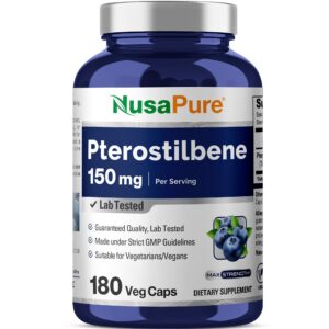 Frente de la caja NusaPure Pterostilbeno 150 mg 180 cápsulas vegetales