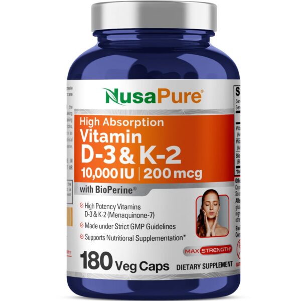 NusaPure Vitamina K2 MK7 y D3 10000 UI 180 cápsulas vegetales