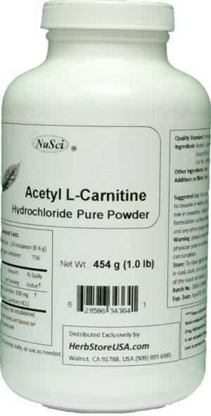 Frente del frasco NuSci acetil L-carnitina polvo