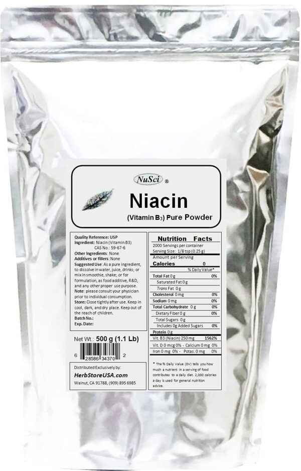 Etiqueta del producto NuSci Niacin Vitamina B3 Polvo Puro