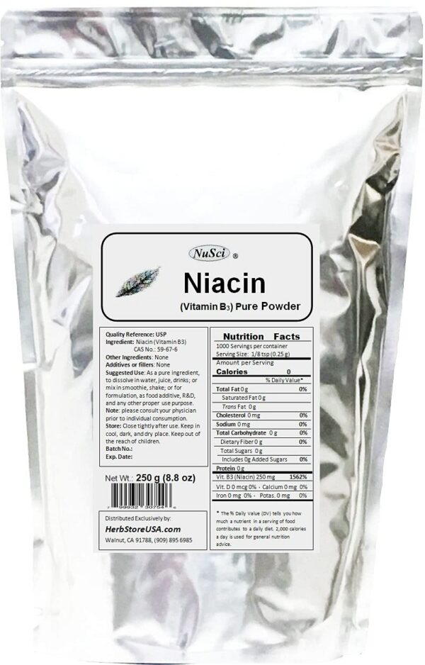 Frente del envase NuSci Niacin Vitamina B3 Polvo Puro