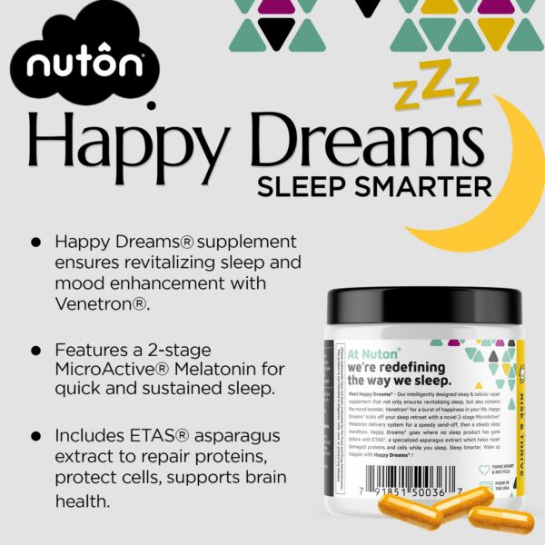 Version 1.0.0 Etiqueta Nuton Happy Dreams con ingredientes naturales para sueño