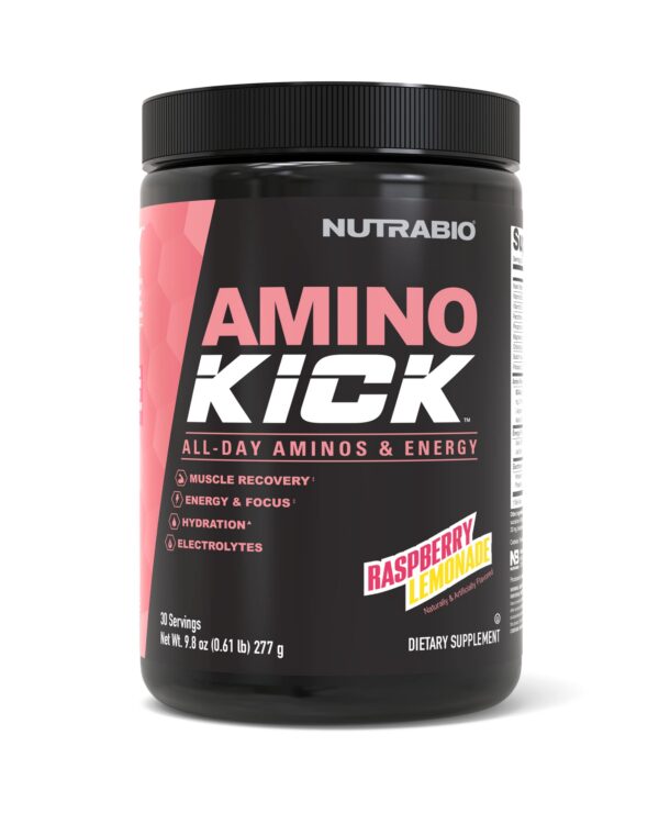 Frente del frasco NutraBio Amino Kick Raspberry Lemonade