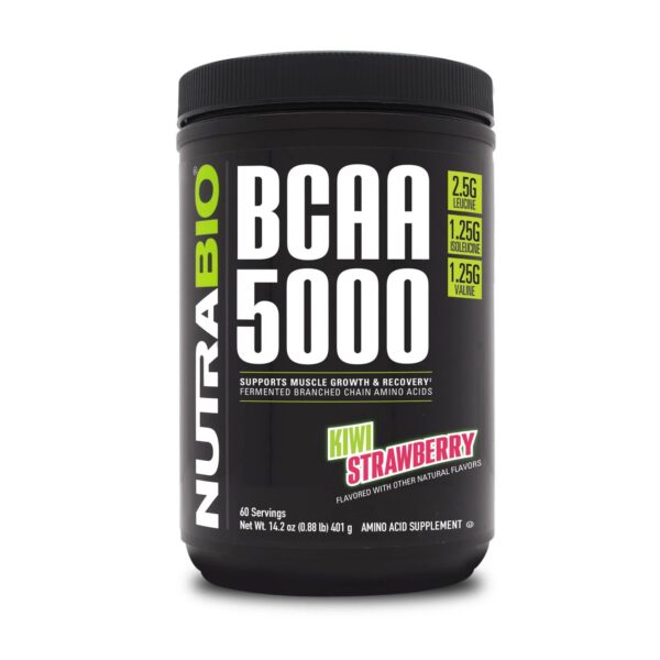 Envase de NutraBio BCAA 5000 polvo Kiwi Strawberry