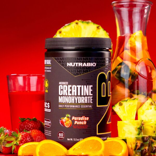 Vista lateral de la etiqueta NutraBio Creatina Micronizada